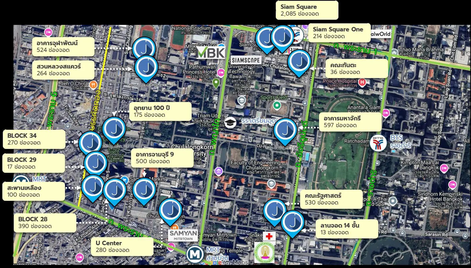 Coverage map of JPARK parking locations in the Siam and Sam Yan district